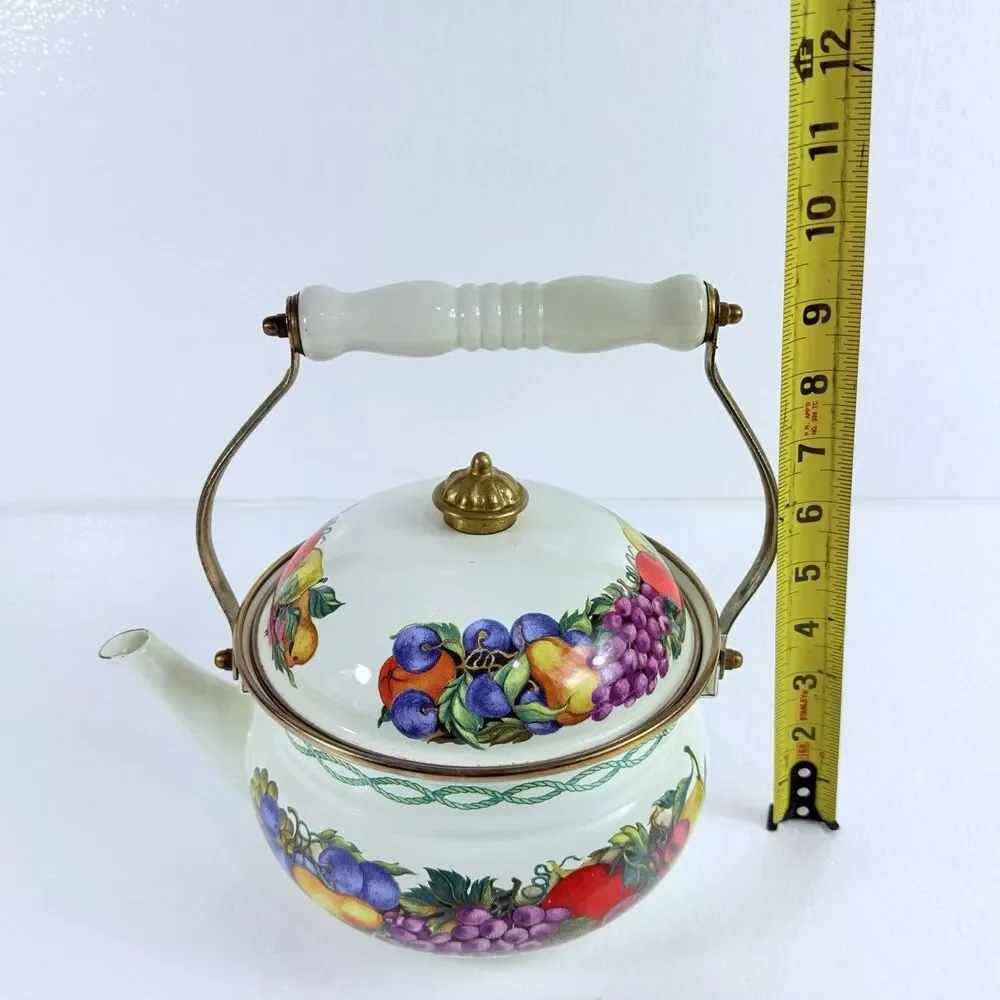 Vintage Cornucopia Enamelware Tea Kettle Pot Fruit Motif Ceramic Handle Taiwan